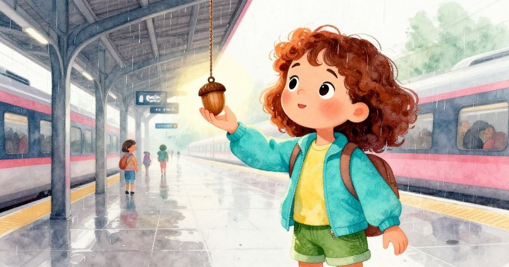 Zoe在火車站雨中靜坐,舉著吊墜迎向柔光,心中期盼與平靜交織,故事邁向結局,情景溫馨。