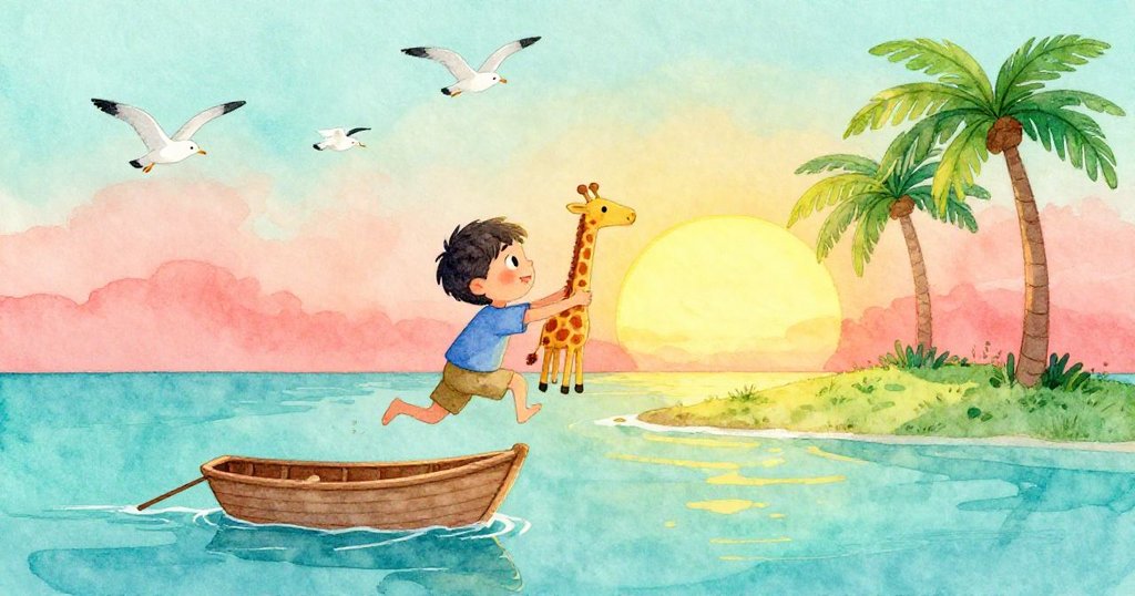 Leo在晨光中從搖晃的船上躍向海邊小島，手抱木長頸鹿，表情充滿期待與喜悅，海鷗在空中飛翔。