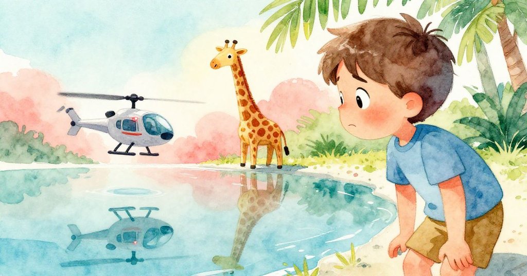 Leo在石徑旁水坑中觀察倒影，見到直升機紅燈閃爍和木長頸鹿，他神情擔憂又堅定，背景曙光映照。