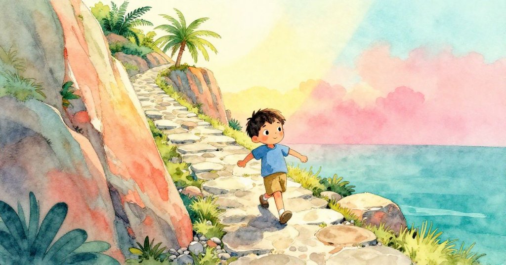 Leo沿著彎曲石徑快步前行，腳下沙礫與光滑岩石交織，高懸崖映襯晨光，他神情專注堅毅。