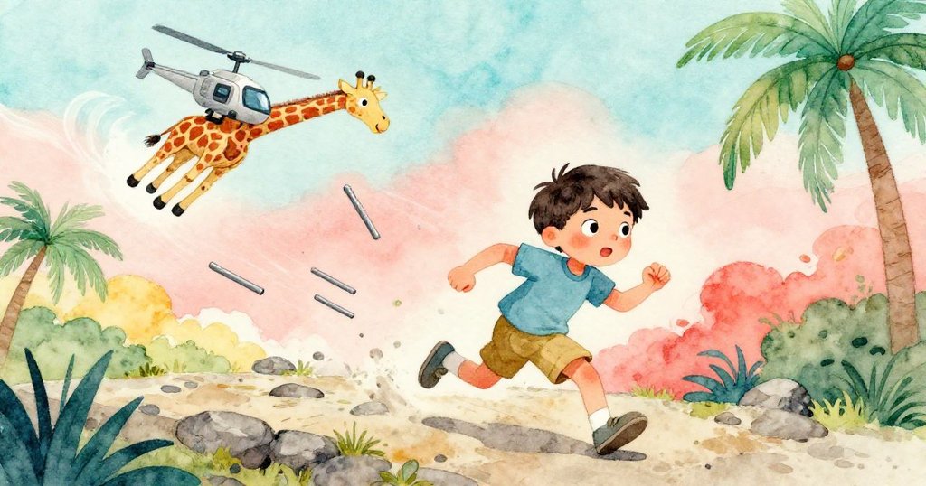 Leo急忙奔跑追逐飛起的直升機和木長頸鹿，散落的金屬棒隨風飛舞，他神情緊張，背景風起雲湧。