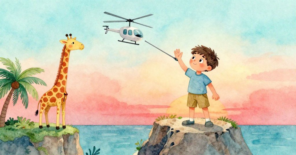 Leo站在懸崖邊，揮手告別經歷驚險後的直升機和木長頸鹿，夕陽映照下他臉上洋溢著喜悅與放鬆。