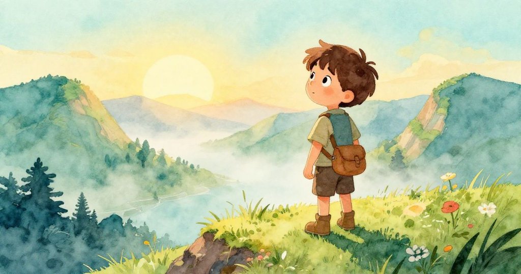 黎明中，Leo站在草地上，調整畫包帶眺望廣闊山谷，面容平靜充滿期待，展現準備創作之情。