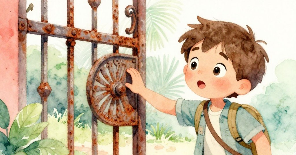 Leo仔細觸摸生鏽金屬門，細節清晰呈現舊痕跡，表現出探索廢棄塔樓的堅持與好奇。