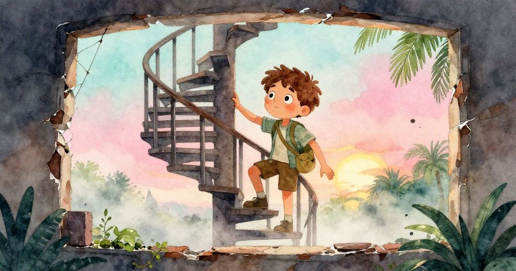 透過破碎窗戶望見，Leo小心攀登螺旋樓梯，緊握斜扶手，窗外晨霧彌漫，神情透露著謹慎與堅定。