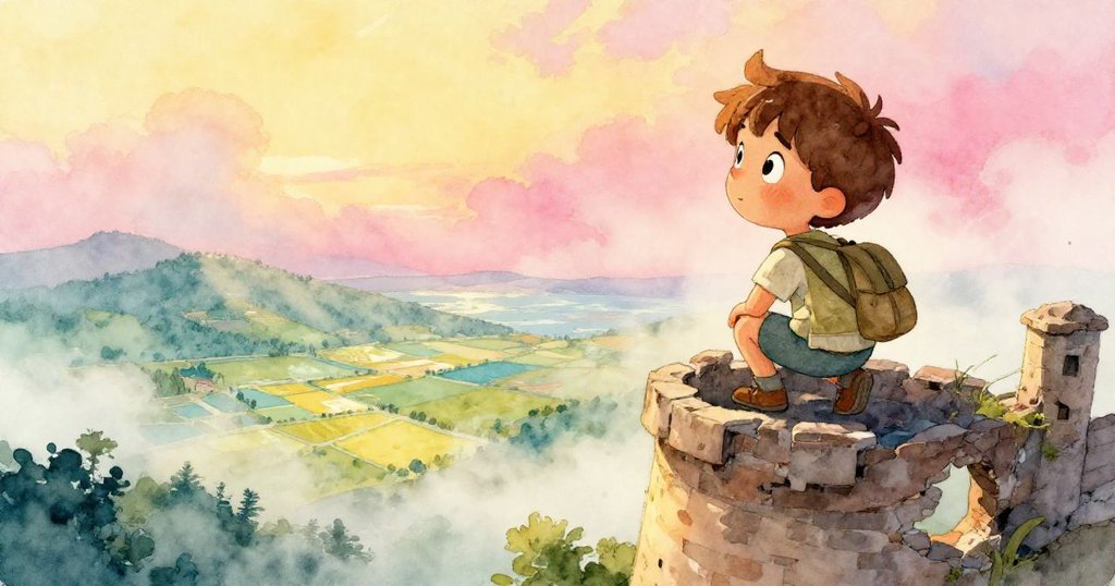 Leo蹲在塔頂，眼神專注注視晨霧中透出的金色光束，映出下方如硬幣般閃耀的山谷，燃起創作靈感。