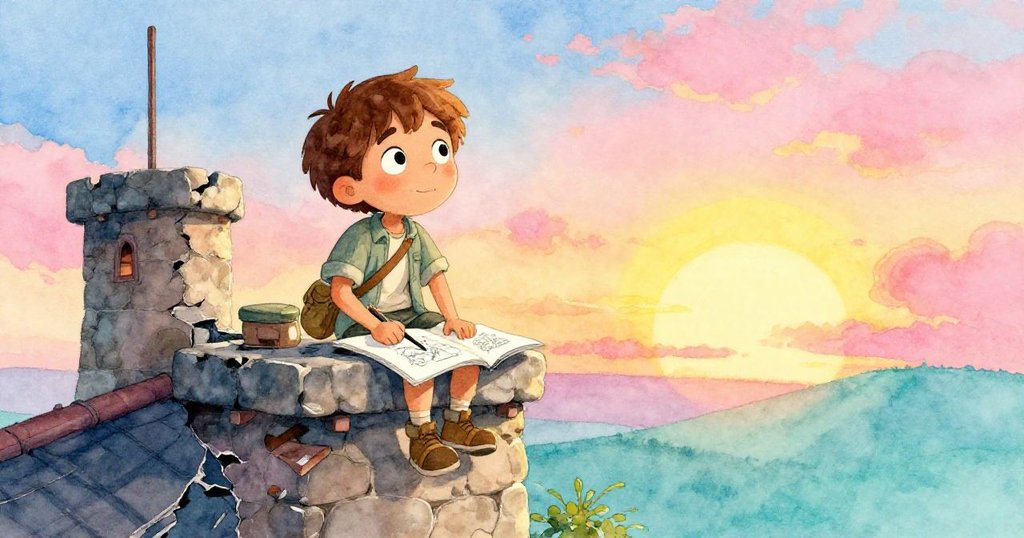 Leo滿足地站在塔頂，石階上擺著完成作品，明亮日光映襯出廣闊山谷，悄然向今日探險道別。