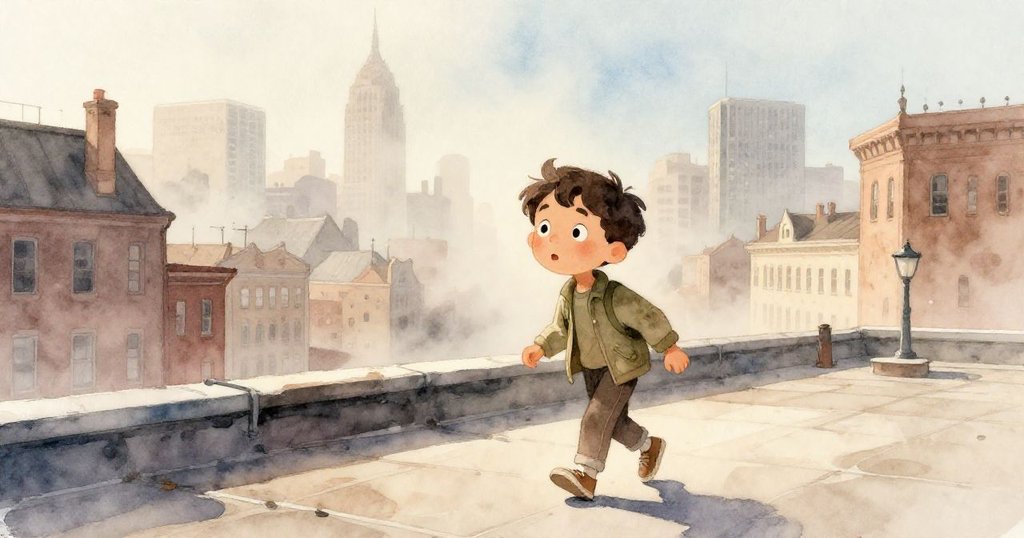 馬庫斯走上博物館天台，晨霧繚繞，柔和光線映照著城市遠景，他臉上流露著期待與好奇的情緒。