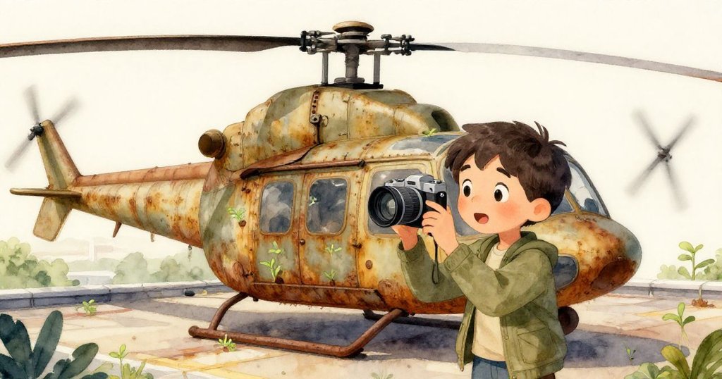馬庫斯正聚精會神地觀察老舊直升機，機身生鏽、充滿歷史氣息，他舉起相機捕捉細節，充滿專注。