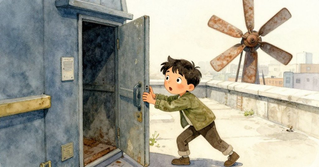 馬庫斯奮力推開服務門，露出蜿蜒維修通道，臉上充滿發現未知奧秘的驚喜與決心。