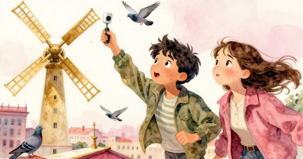 強風驟起旋轉直升機，鴿子四散奔逃，馬庫斯驚訝中迅速撲向跌落的天氣感測器。