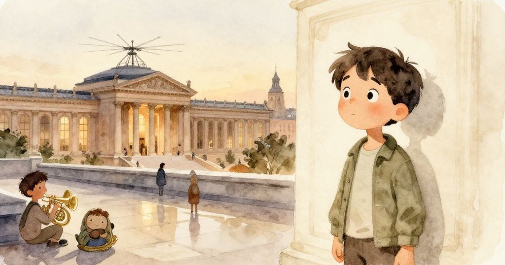 夕光中，瓦礫落定直升機靜臥，銅管樂隊緩緩恢復演奏，馬庫斯露出釋然安心的微笑。