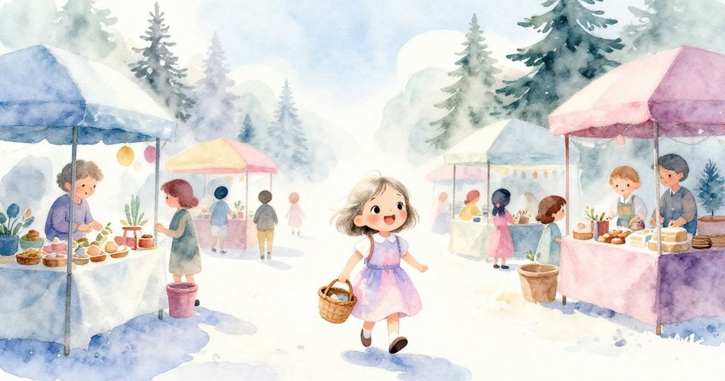 莉莉穿著粉色裙子提著籃子走入市場，晨光照耀下市場熱鬧，充滿希望與期待。