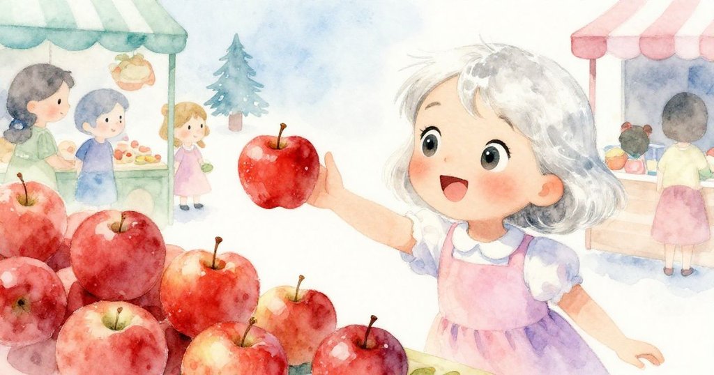莉莉伸手觸摸誘人的紅蘋果，表情期待且略帶困惑，背景中市場攤位呈現柔和色調。