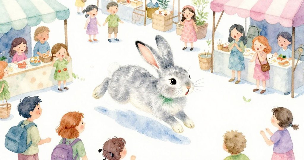 市場上層視角展示人們驚訝退開，柔和野兔輕盈跳出，眾生表情各異，熱鬧而愉快。