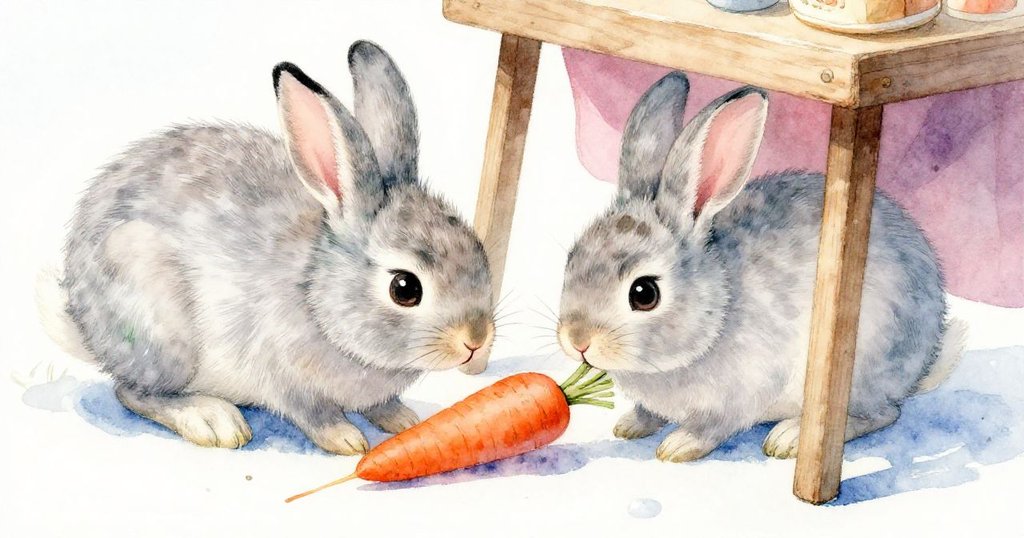 柔和野兔靠近木製攤位輕嗅，旁邊橙色胡蘿蔔緩緩滾動，景象夢幻如水彩畫般清新。