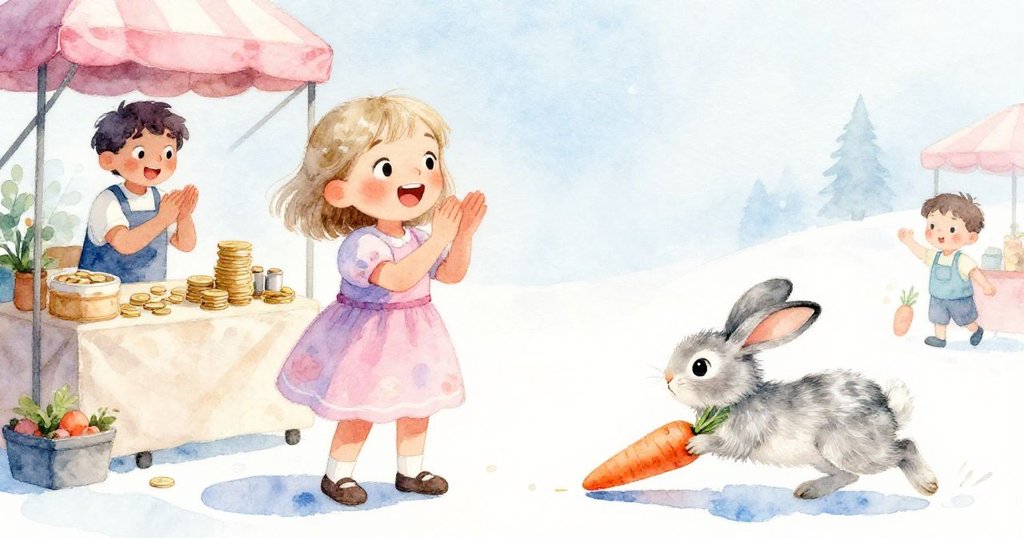 莉莉高興拍手，攤販數硬幣，孩子推滾胡蘿蔔，野兔嬉戲，市場裡充滿歡笑與暖意。