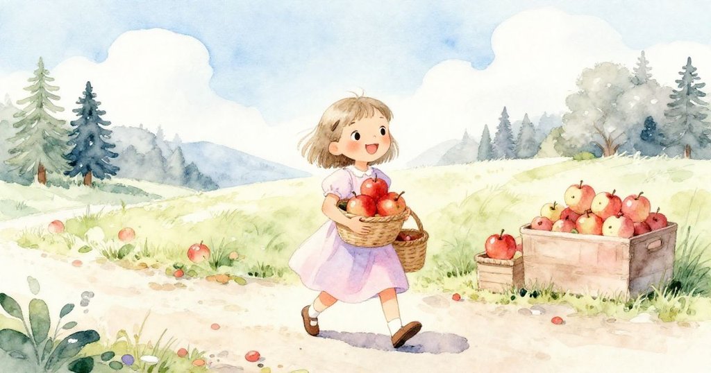 市場漸歇後，莉莉捧著蘋果與籃子踏上敞亮路徑，面帶平靜笑容展望未來，氛圍溫暖而寧靜。