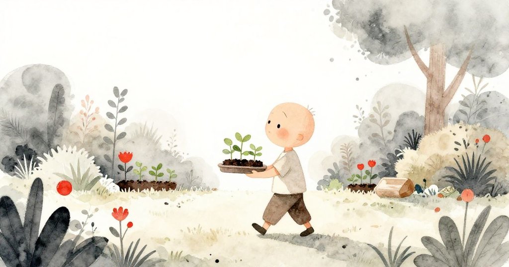 Milo提著托盤走入寧靜花園,早晨溫暖光線灑落於綠意中,他面帶期待,踏出堅定步伐迎接新日。