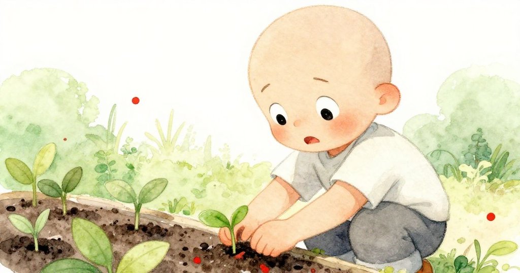 Milo專注檢視幼苗,特寫臉龐流露溫柔關懷,背景花園隱約展現生機,心情既充滿期盼又略帶憂慮。