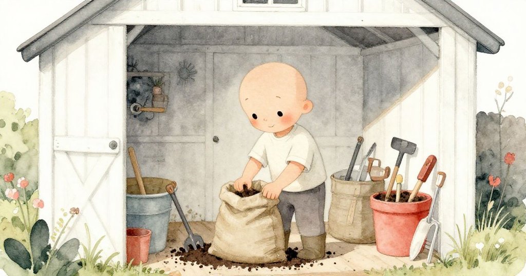 Milo在溫馨園舍內整理園藝工具和土袋,透過窗外散進柔和光線,神情專注,暫時平靜下來準備繼續工作。