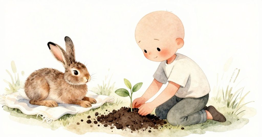 Milo輕柔種下幼苗,靠近毛毯旁棕兔靜臥,動作溫和傳達出花園中平和與理解的無言情感。