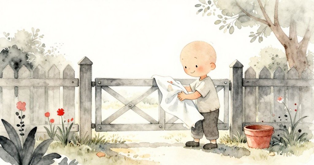 Milo在午後柔和光線中擦手並關上花園大門,滿意微笑告別一天的驚喜與辛勤,整個花園充滿寧靜與溫暖氣息。