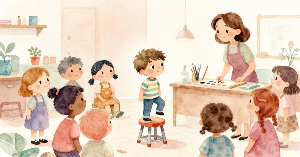 Milo站在彩繪凳子上於工坊內，周圍同學和老師好奇圍觀，充滿活力氛圍，歡樂開始。