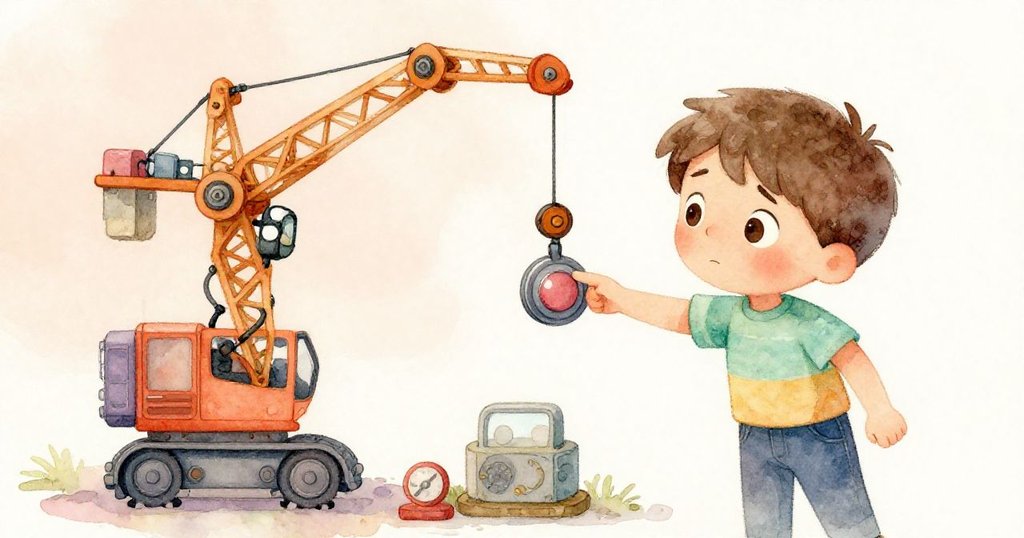 Milo按下按鈕時，裝置未運作，齒輪零件斜切展現，Milo表情關切，情節發展關鍵。