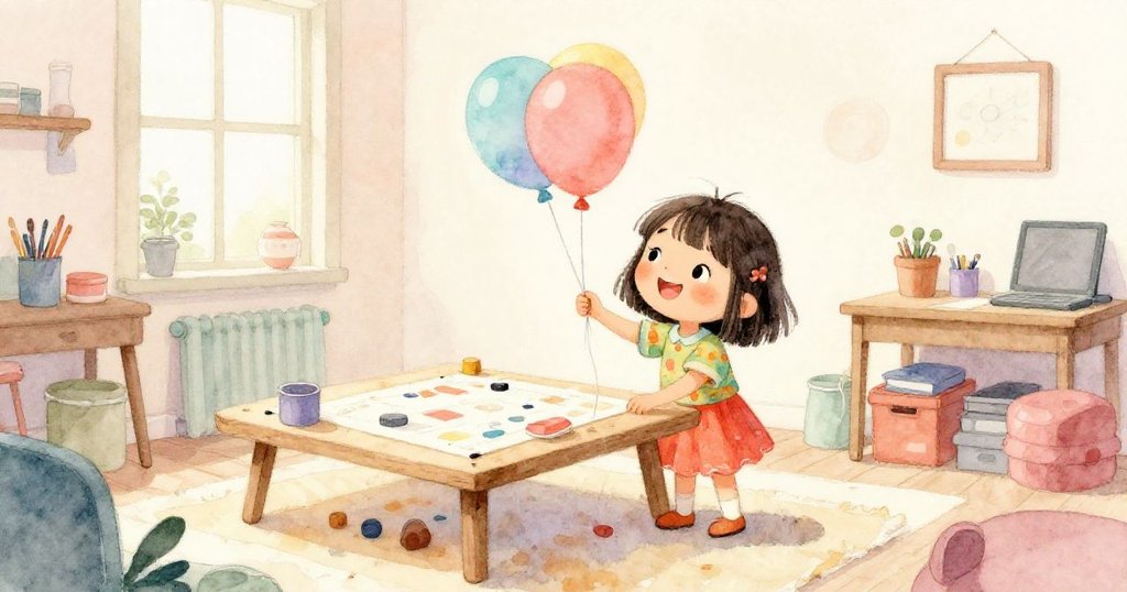 Vida在工坊側房間輕手放置隱藏氣球，環境充滿手作材料，透露驚喜準備，情節轉折。