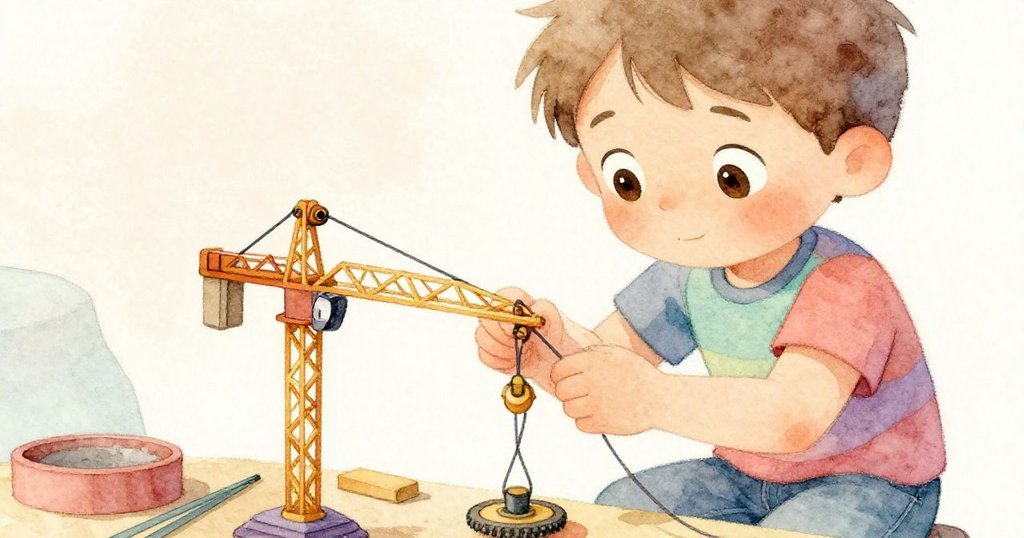 Milo神情堅定替換尼龍線並調整錯位軸承，汗珠點綴臉龐，細心修正實驗過程。