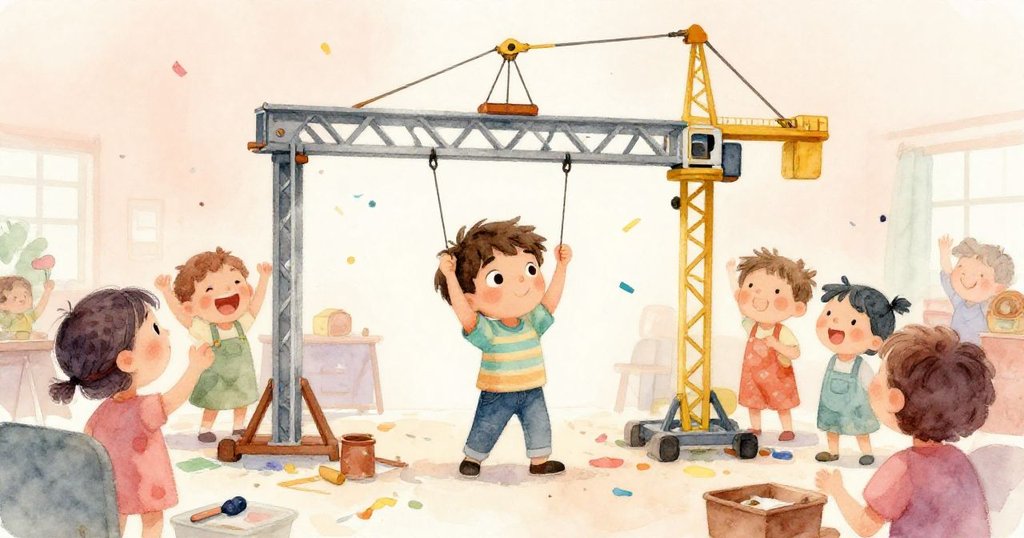 最後起重機順利吊起鋼樑，彩紙紛飛，Milo與同學歡笑慶祝成功，情節完滿圓滿。