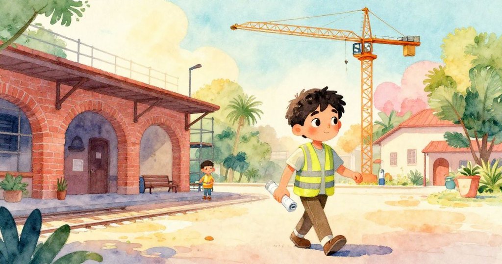 馬特奧在早晨的鐵路倉庫庭院中行走，手持藍圖，背景有磚砌拱門與緩慢搖動的起重機，神情專注且自信。