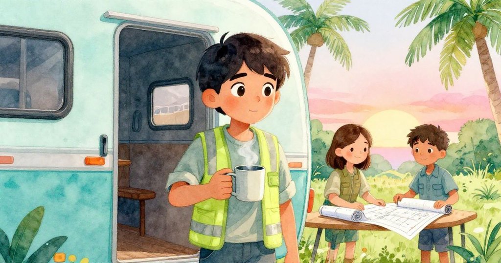 拉拉從移動的辦公車間走出，手持冒著熱氣的杯子，馬特奧在背景中攤開藍圖，兩人互動友善，氣氛溫暖。