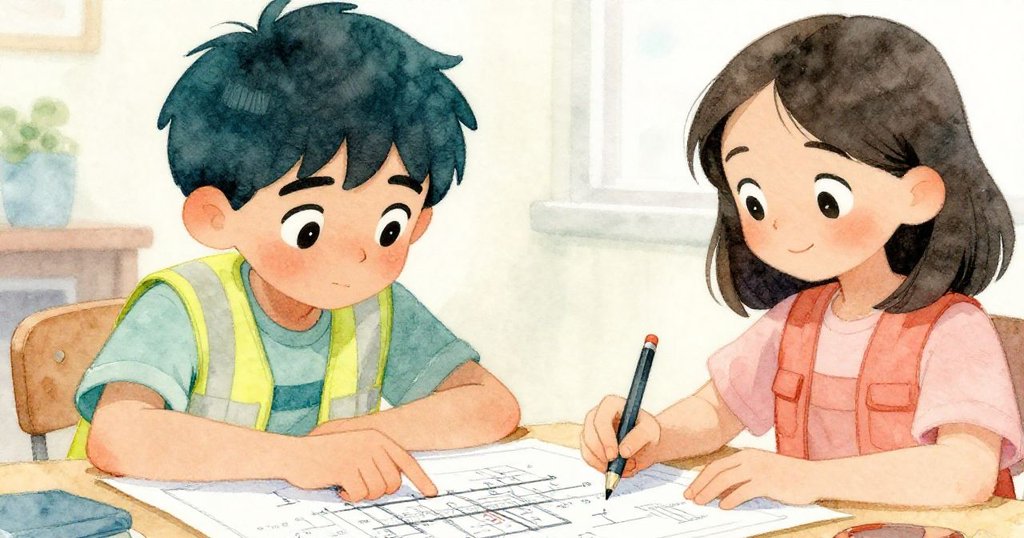 馬特奧手指著藍圖上的測量數字，拉拉專注地用鉛筆做記號，藍圖細節清晰呈現，彼此表情充滿決心。