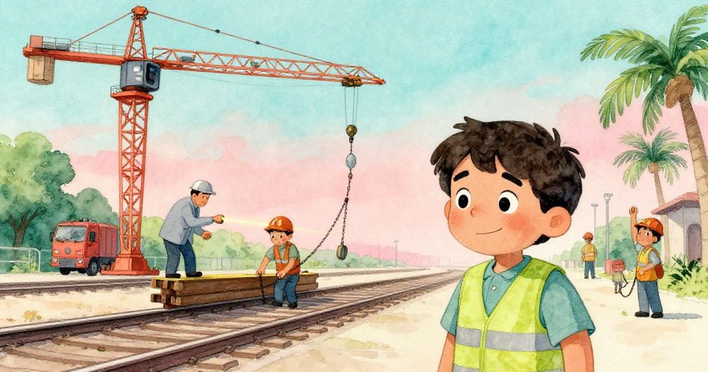 現場全景中，監工用雷射測量懸桿，馬特奧靜靜觀察藍圖，工人調整鏈條與設備，環境充滿生氣。