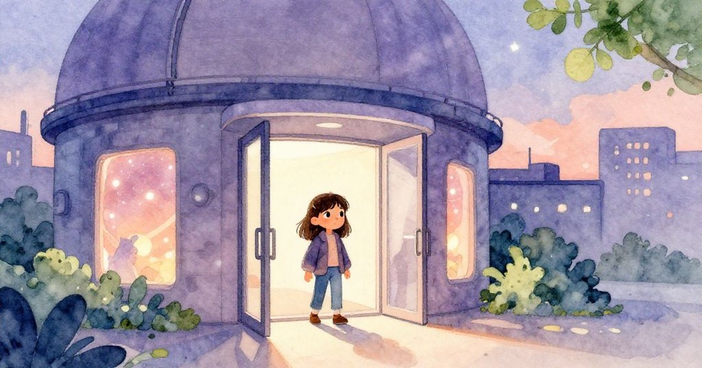 米拉踏入老城天文館，旋轉門前燈光微現宇宙光輝，充滿神秘與期待情緒。