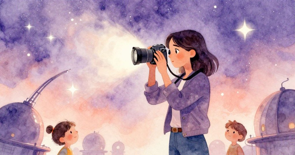 米拉站在平台中央，調整相機捕捉宇宙光影，多層次背景呈現科技與夢幻交織情境。