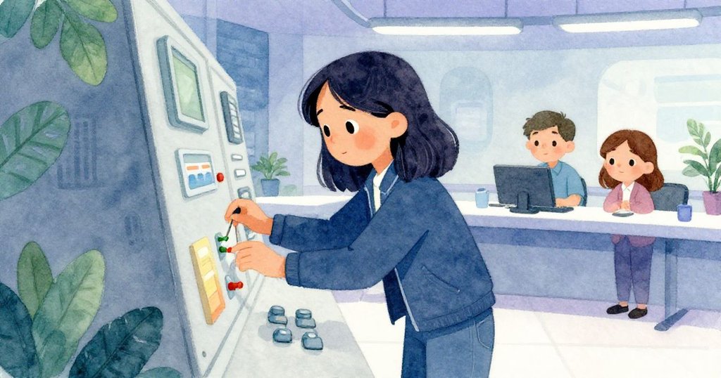 米拉與操作員置身控制室，操作員專注修理設備，米拉靜心觀察呈現科技與情感交融。