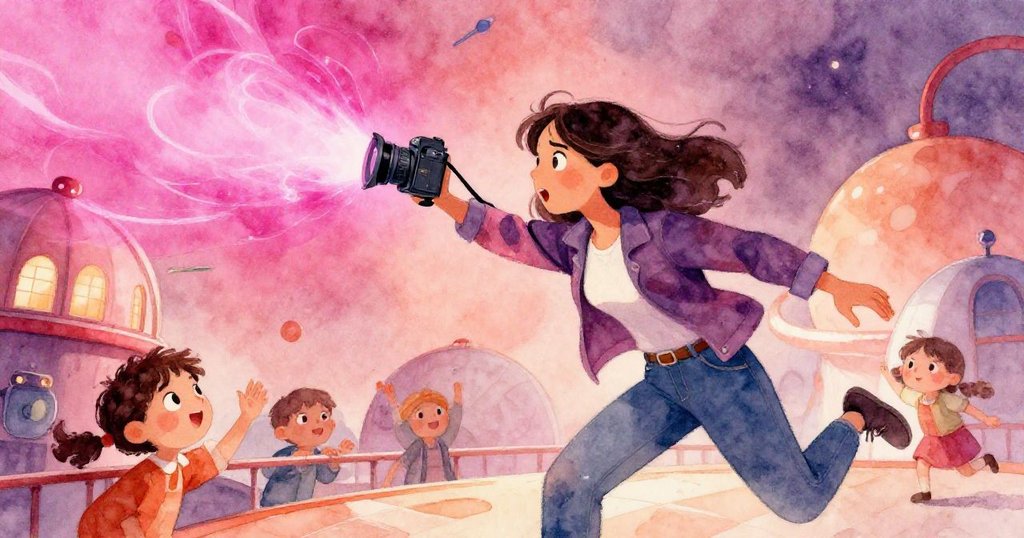 米拉驚慌中迅速伸手抓住滑落相機，鮮豔洋紅光影繚繞，現場緊湊充滿動感。