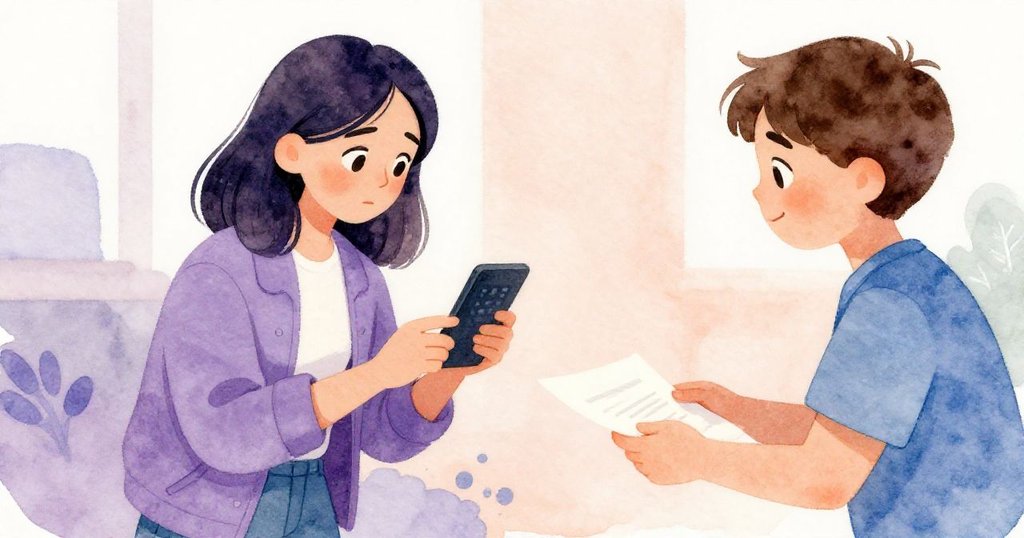 米拉在寧靜室內檢視偶得畫面，志工遞上溫暖便條，情緒由緊張轉為柔和與反思。