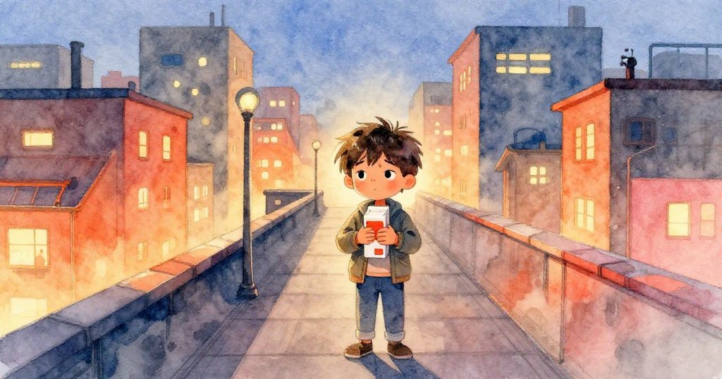 米洛站在都市屋頂上準備過橋，背景夕陽與霓虹燈相映，動作果斷，展開冒險旅程初始。