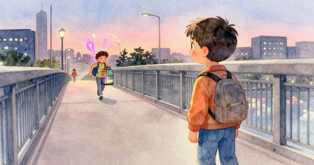 米洛從身後望見橋上迎面而來的陌生人，手提小籠子，動作小心，都市夕光中充滿微妙緊張感。