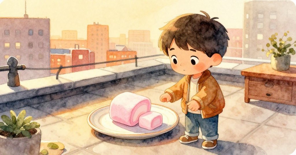 米洛進入舒適屋頂空間，站於混凝土平臺旁，打開紙箱檢查扁平棉花糖與陶瓷盤上美食，神情滿足。