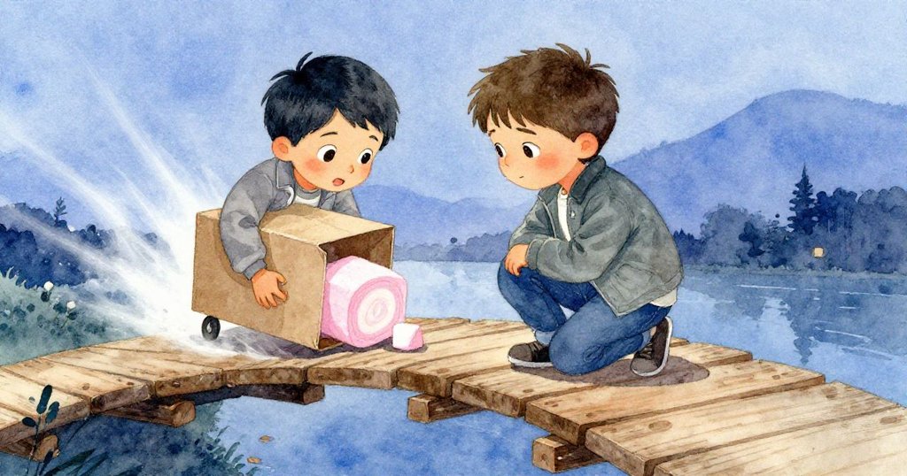 米洛急忙蹲下扶穩顫抖橋面，紙箱中粉紅棉花糖輕觸木板，霧藍灰色調中展現瞬間緊張。