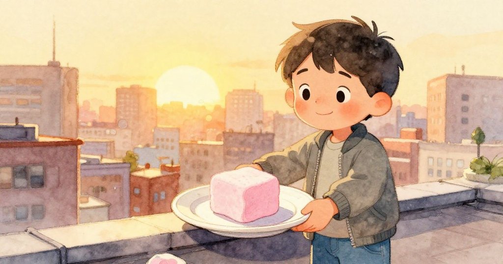 米洛在屋頂上滿意微笑，整理陶瓷盤上扁平棉花糖，背景夕陽映照都市天際線，象徵冒險圓滿結束。