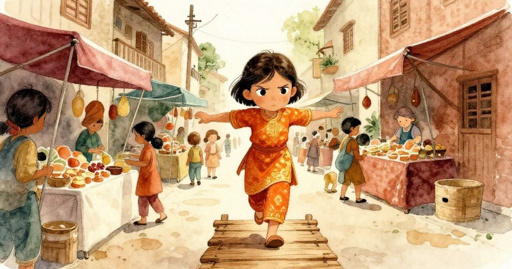 米拉在狹窄巷弄中平衡木板，背景彩色市場攤位熱鬧繁忙，陽光暖意洋洋，充滿希望與活力。
