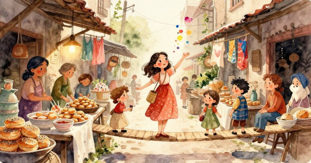 米拉專注雙手穿繩於生鏽金屬環，指尖細緻動作呈現決心，背景隱現古舊木梁與市集意境。