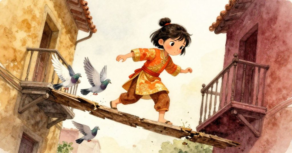 米拉小心跨越搖晃木板，梯狀陽台間鴿子飛舞，畫面充滿冒險緊張感與戲劇性光影。