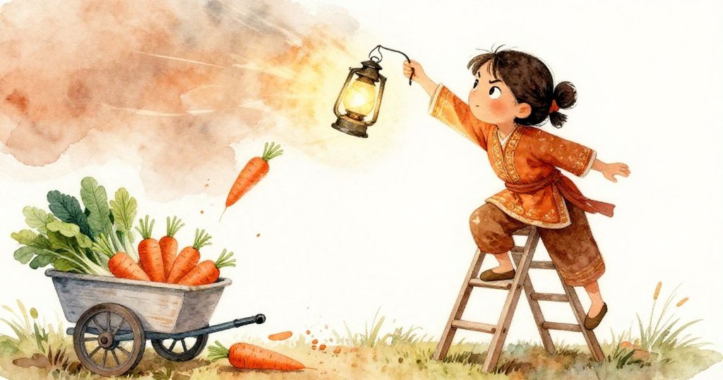 米拉迅速爬上搖搖梯子搶救燈籠，旁邊蔬菜車失控滾落胡蘿蔔散落街角，情節緊迫激動。